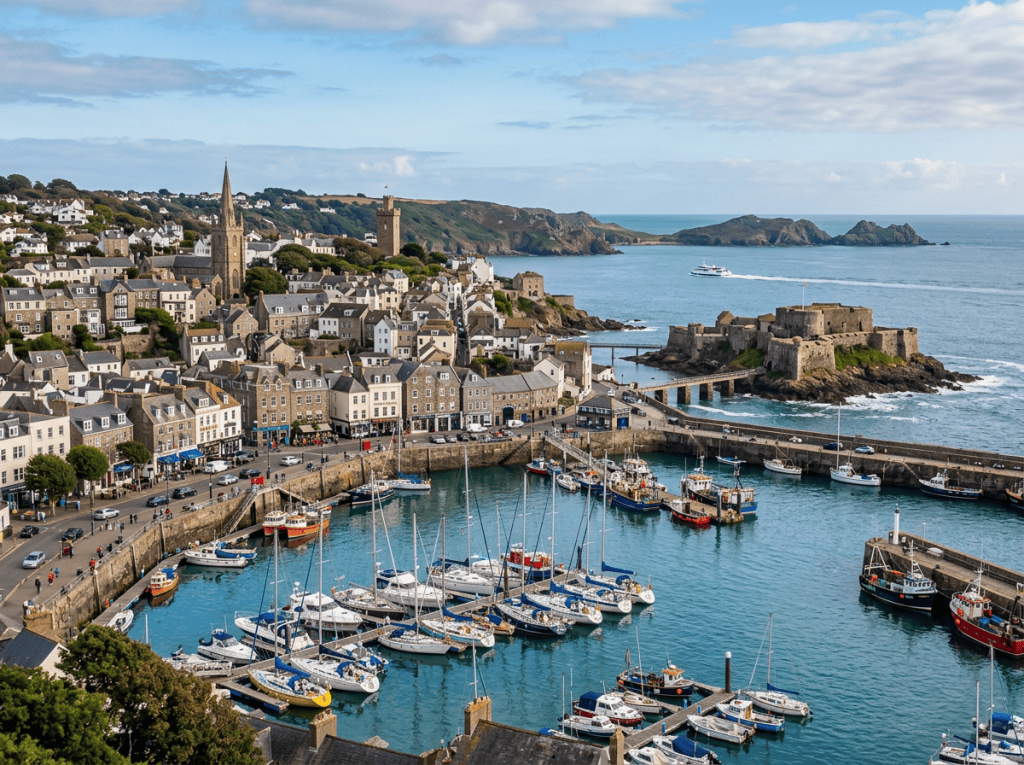 Historic harbor with boats, stone buildings, church, castle, and coastal cliffs