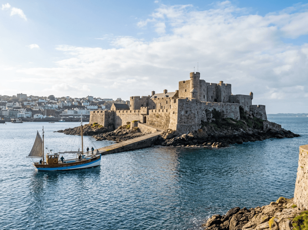 Castle Cornet on a rocky island beside a harbor with a sailboat