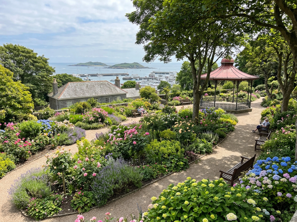 Flower-filled seaside garden with gazebo overlooking harbor and islands
