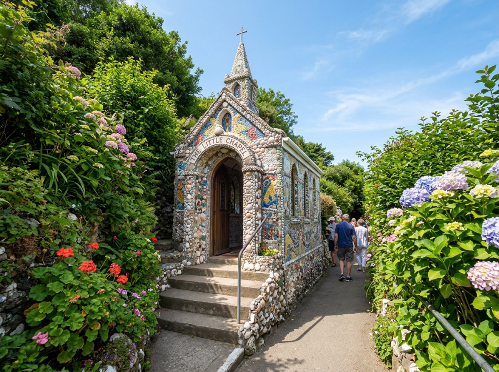 The Little Chapel covered in shells among colorful flowering gardens