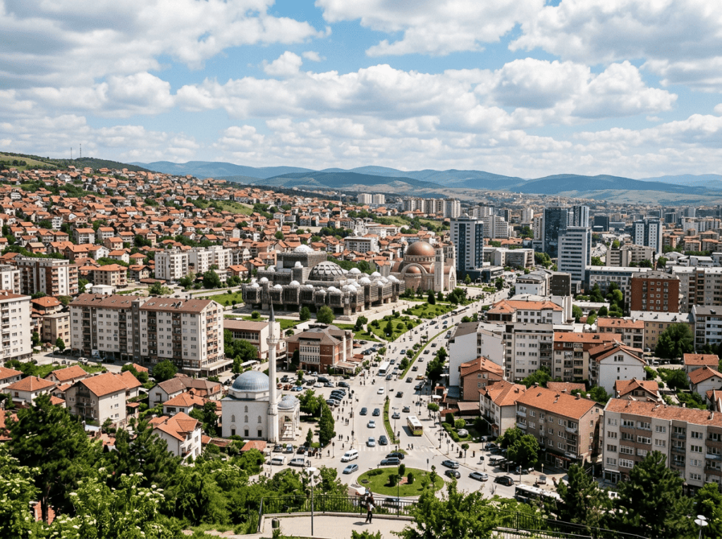 Panoramic cityscape of Pristina with mosques, red-roofed homes, and mountains