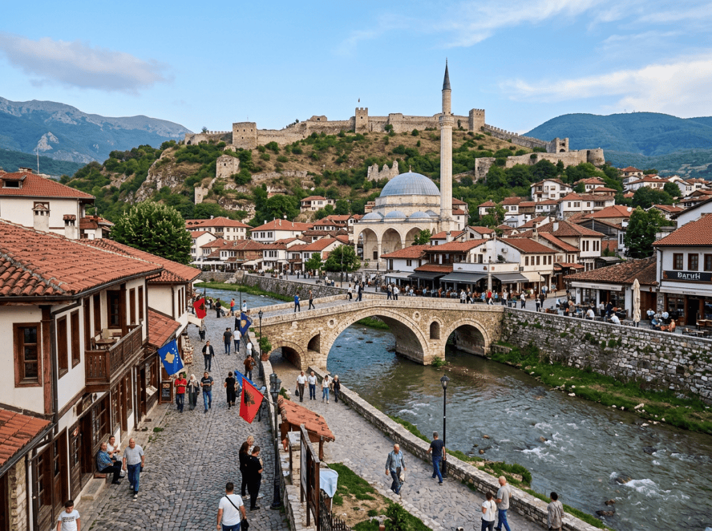 Prizren old town with stone bridge, mosque, river, and fortress