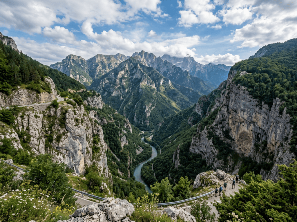 Turquoise river winding through forested limestone mountains beneath a cloudy blue sky