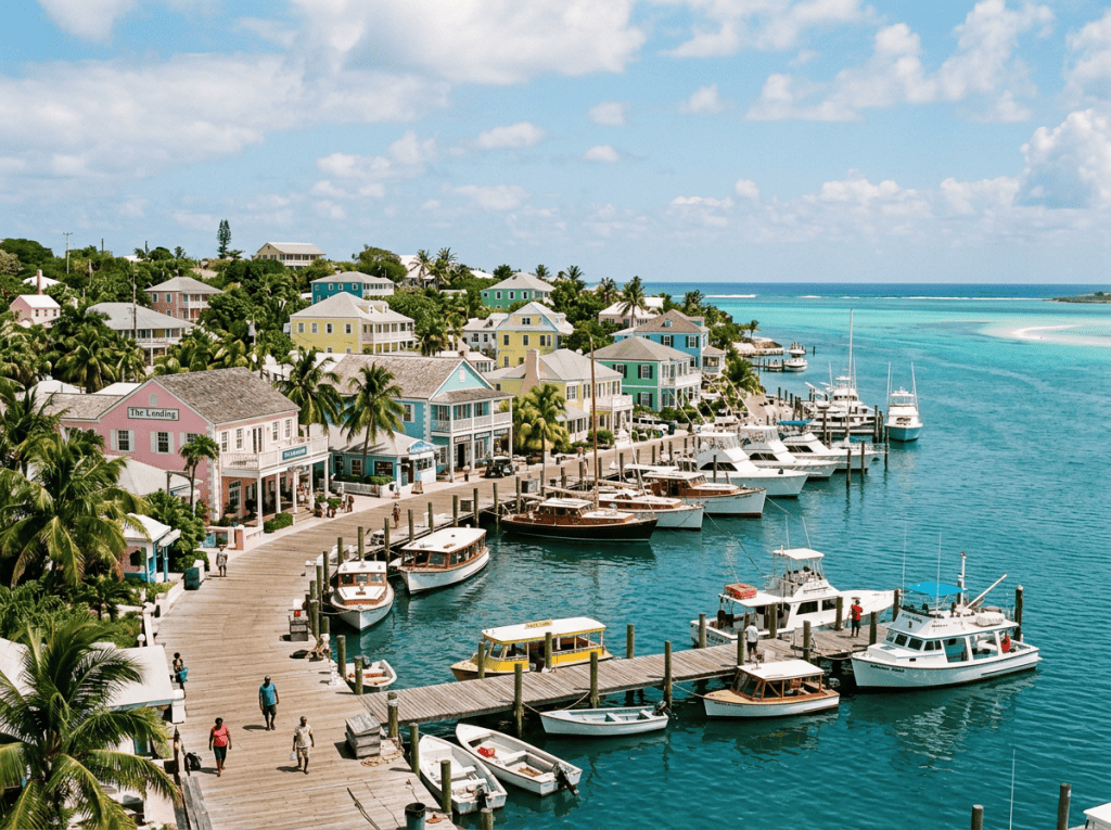 Pastel Caribbean waterfront village with boats, palm trees, and turquoise water
