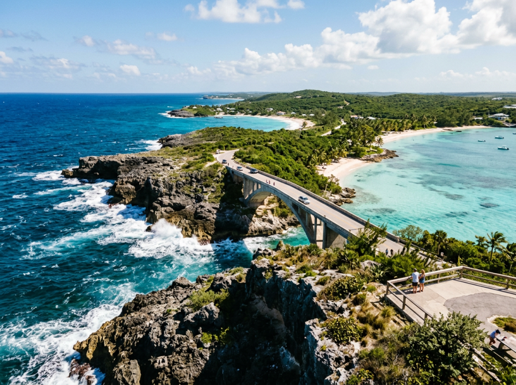Bridge crossing rocky coastline between turquoise bays and lush tropical island