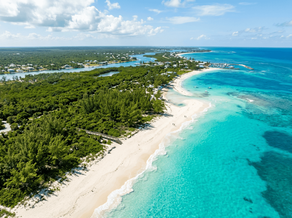 Aerial view of a white-sand beach, turquoise sea, and lush tropical coastline