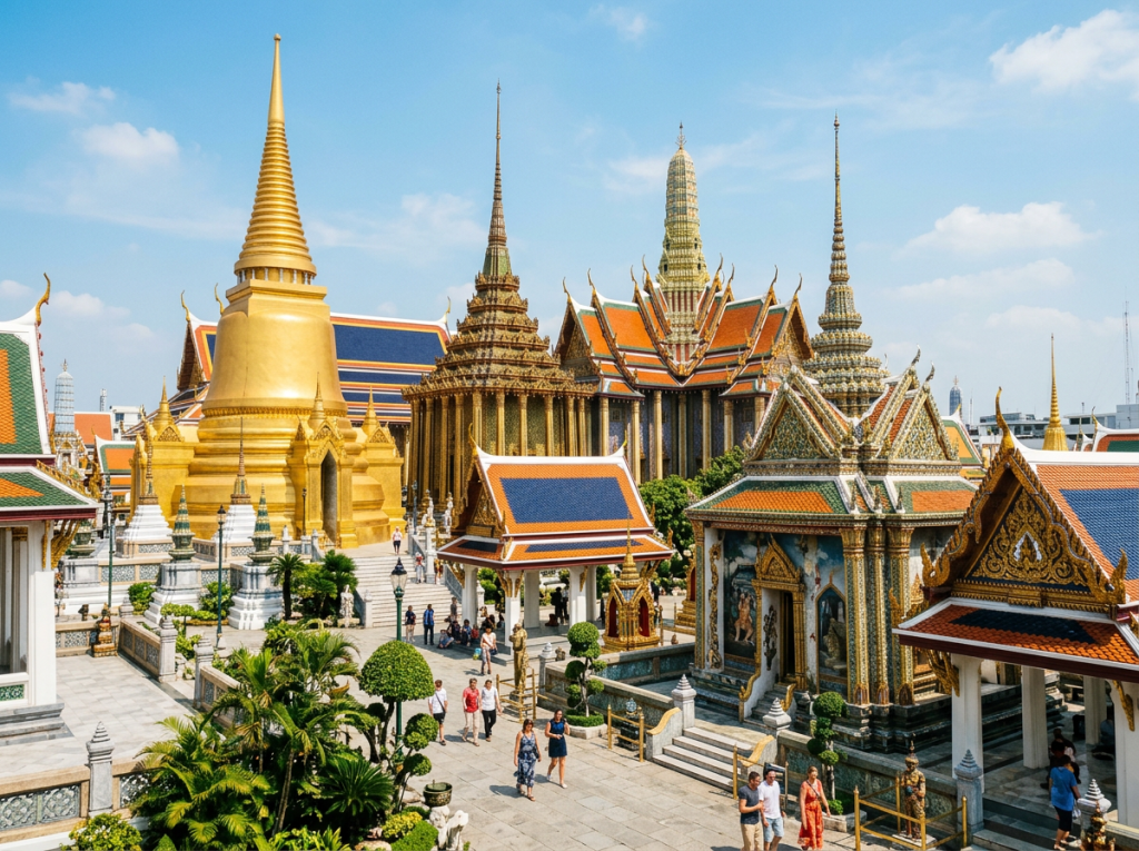 Ornate Bangkok temple complex with golden stupa, colorful roofs, and visitors