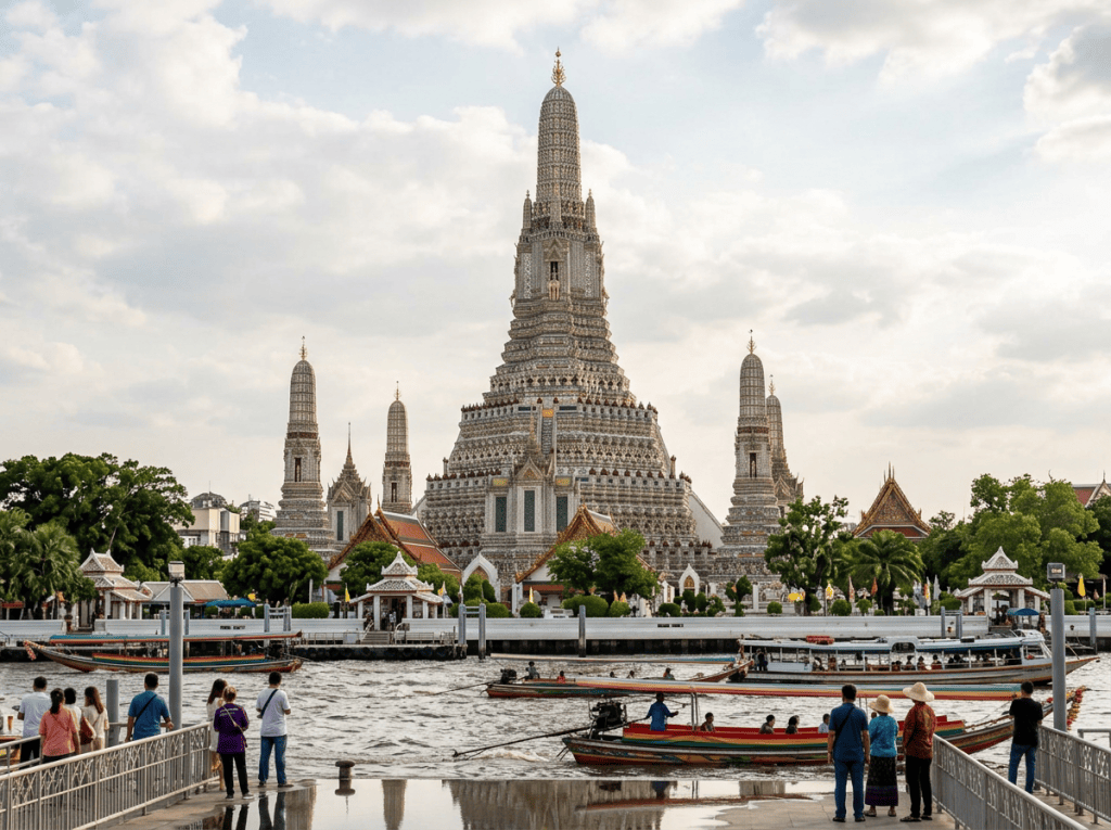 Wat Arun temple across the Chao Phraya River with boats and visitors