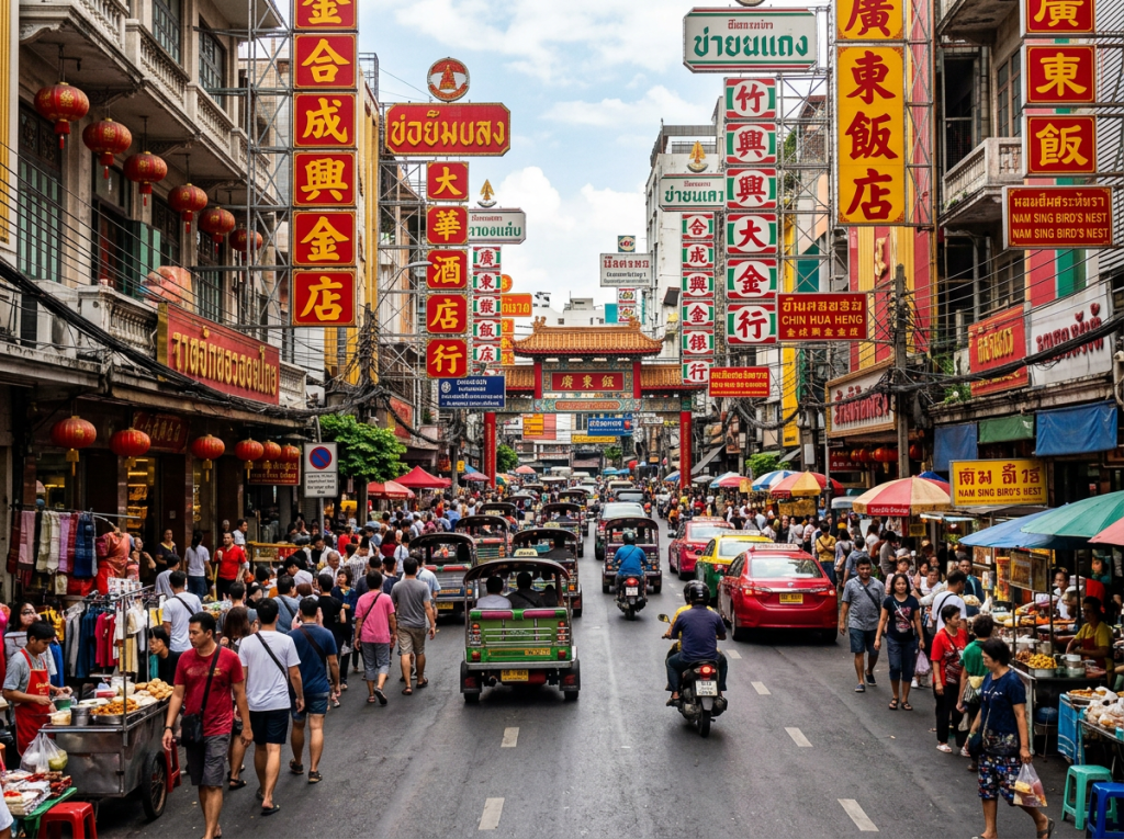 Crowded Bangkok Chinatown street with Chinese signs, tuk-tuks, vendors, and pedestrians