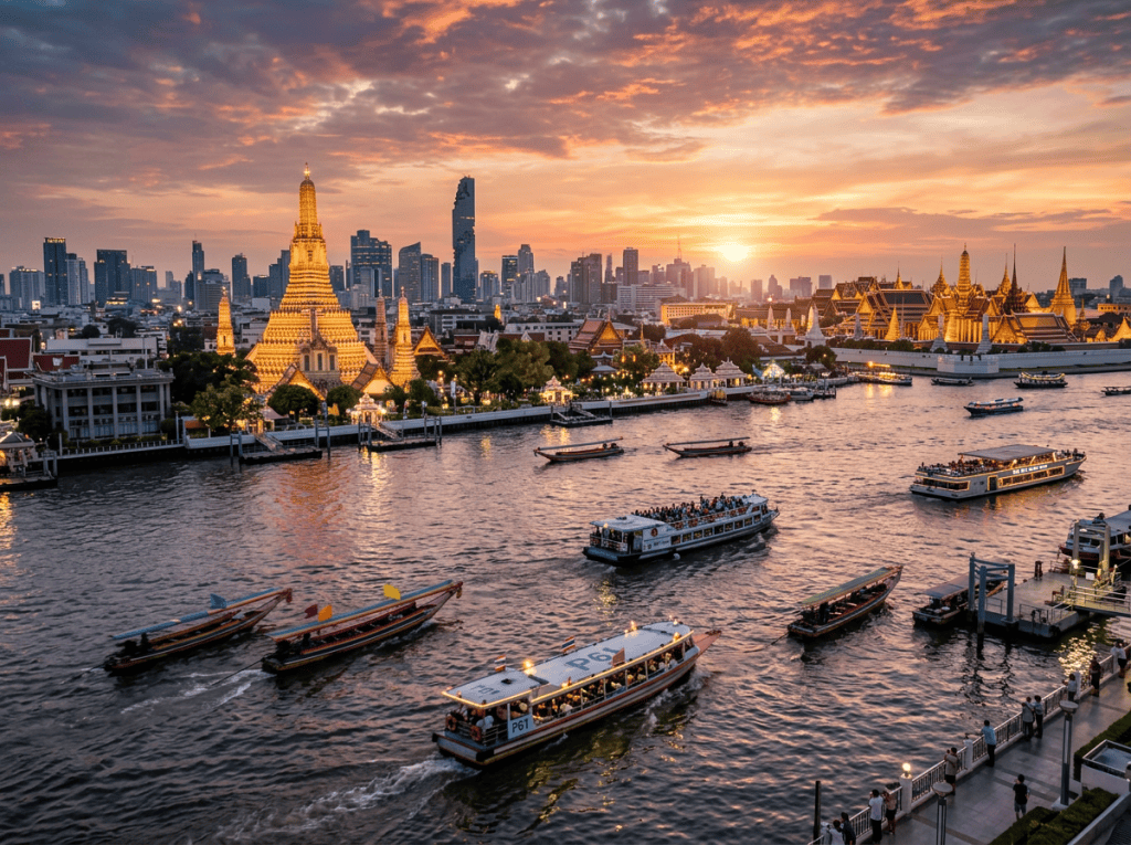 Bangkok temples and city skyline along a busy river at sunset