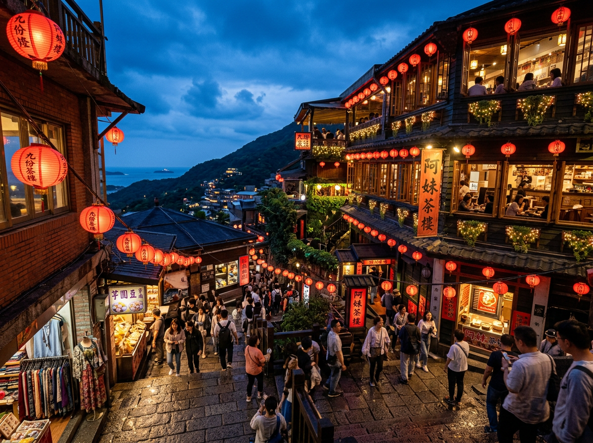 Crowded Jiufen street with red lanterns, teahouses, shops, and mountain sea views