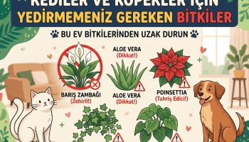 KEDİLER VE KÖPEKLER İÇİN YEDİRMEMENİZ GEREKEN BİTKİLER; BU EV BİTKİLERİNDEN UZAK DURUN; BARIŞ ZAMBAĞI (Zehirli!); ALOE VERA (Dikkat!); POİNSETTİA (Tahris Edici!); DUVAR SARMAŞIĞI (Toksik!); DEVE TABANI (Zehirli!).