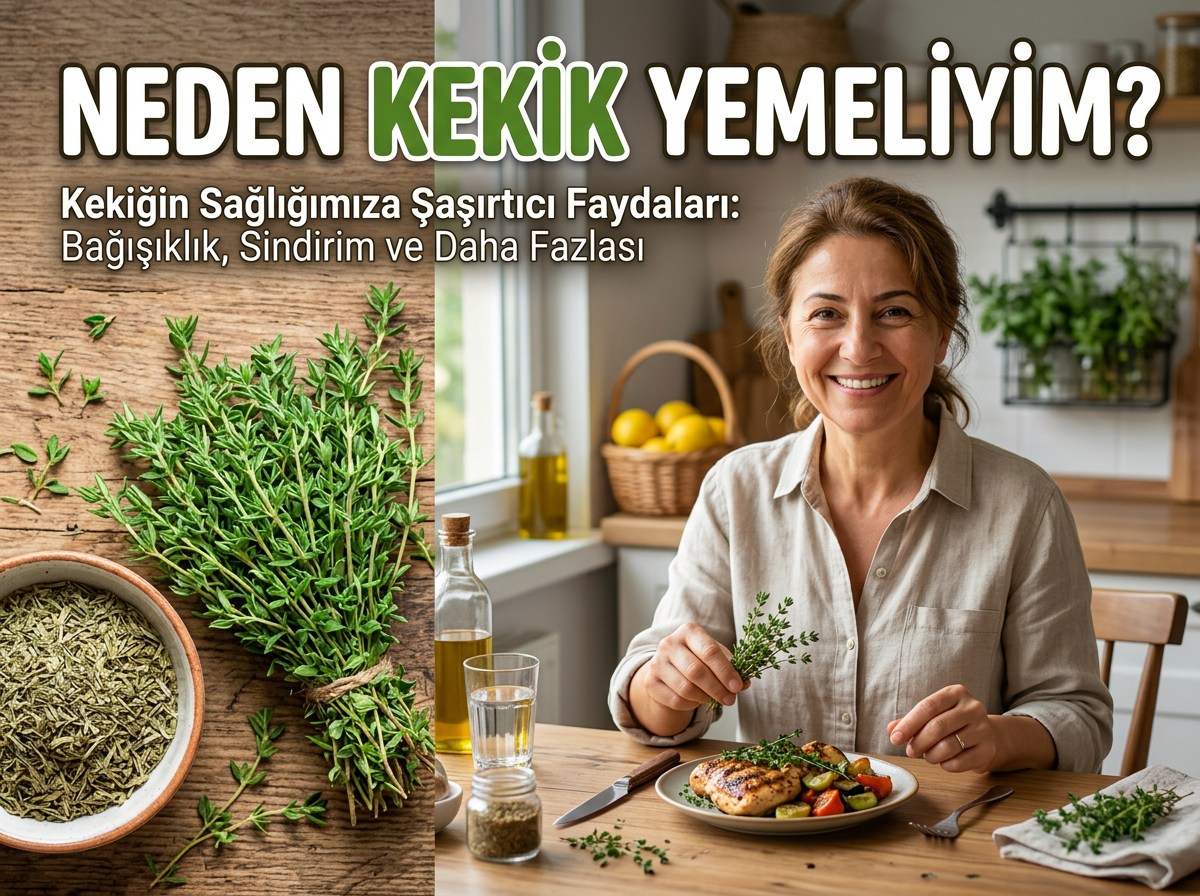“NEDEN KEKİK YEMELİYİM?” başlıklı, kekik ve yemek bulunan sağlık görseli