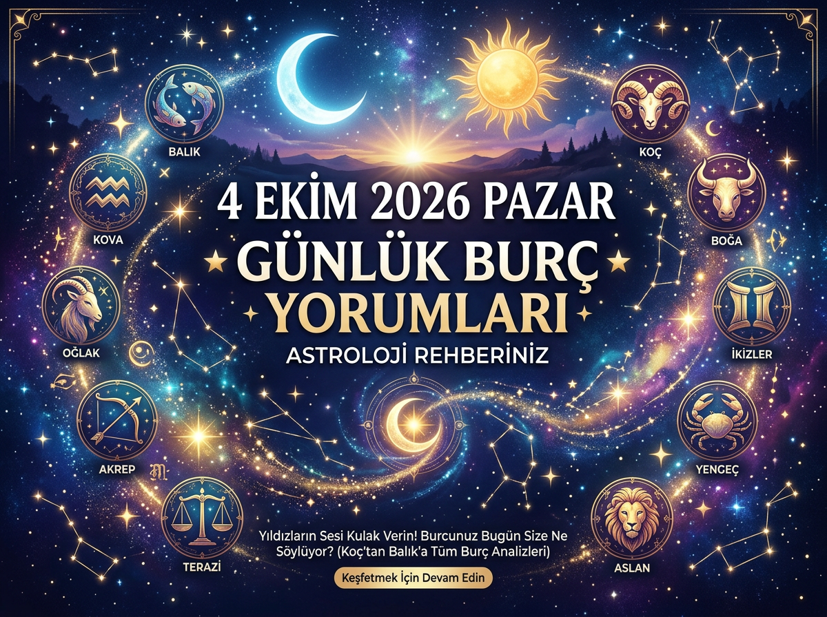 4 EKİM 2026 PAZAR GÜNLÜK BURÇ YORUMLARI ASTROLOJİ REHBERİNİZ; KOÇ, BOĞA, İKİZLER, YENGEÇ, ASLAN, BAŞAK, TERAZİ, AKREP, YAY, OĞLAK, KOVA, BALIK; Yıldızların Sesi Kulak Verin! Burcunuz Bugün Size Ne Söylüyor? (Koç’tan Balık’a Tüm Burç Analizleri); Keşfetmek İçin Devam Edin