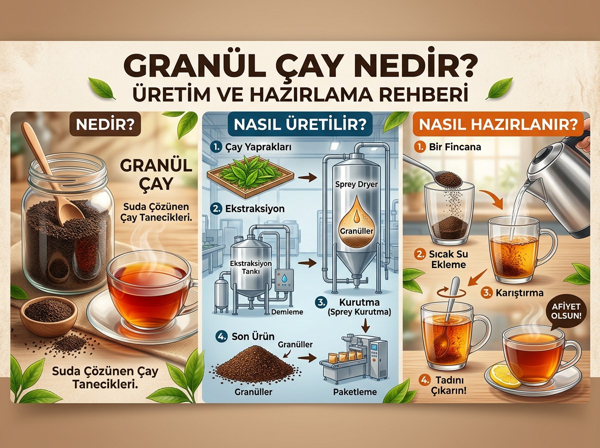 Granül çay nedir, nasıl üretilir ve nasıl hazırlanır infografiği