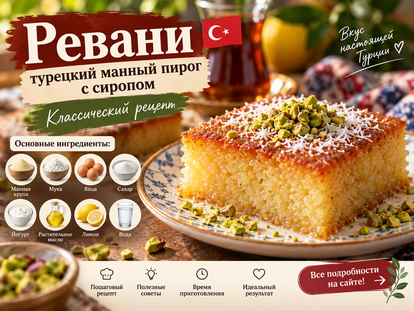 Ревани — турецкий манный пирог с сиропом, классический рецепт
