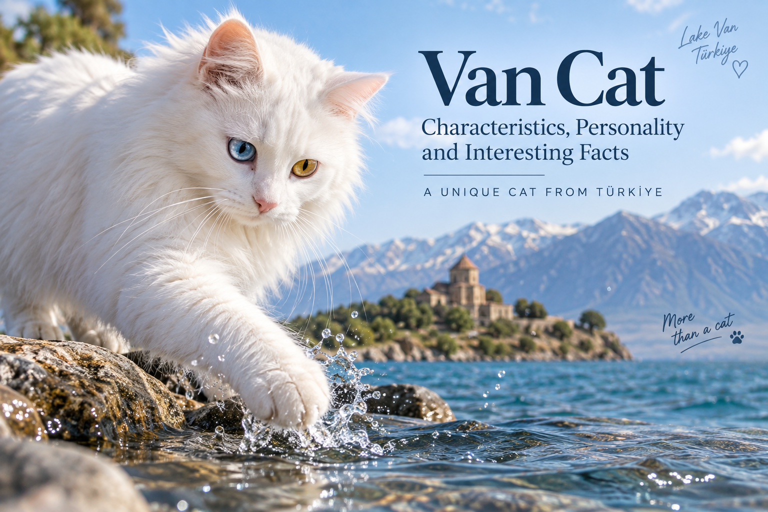 Van cat characteristics and different-colored eyes near Lake Van, Türkiye.