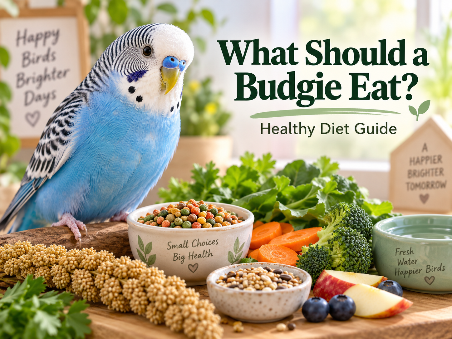 Healthy budgie diet with pellets, seeds, vegetables, millet and fresh water
