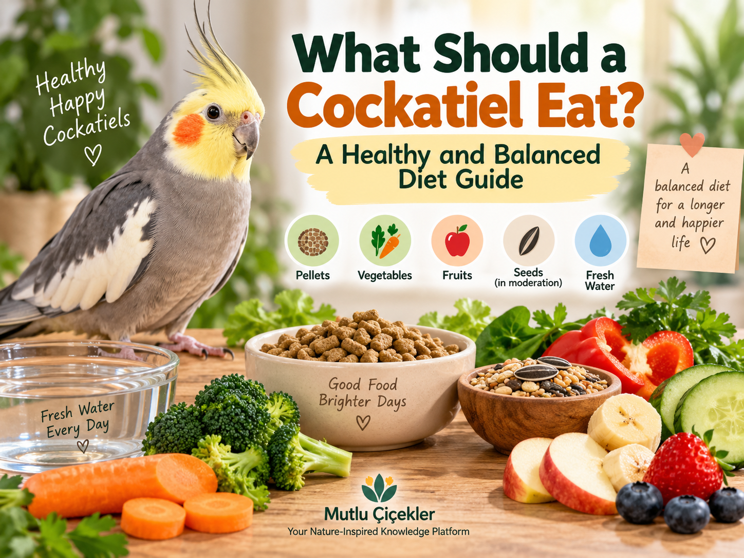 Healthy cockatiel diet with pellets, vegetables, seeds, fruit and fresh water
