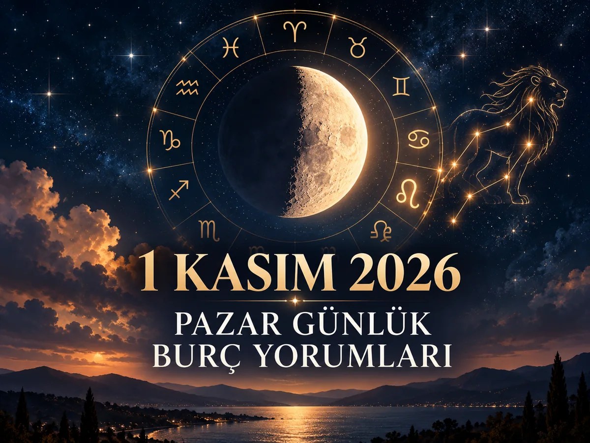 1 Kasım 2026 Pazar günlük burç yorumları için Aslan burcu simgesi, Son Dördün Ay ve yıldızlı gökyüzü içeren astroloji kapak görseli
