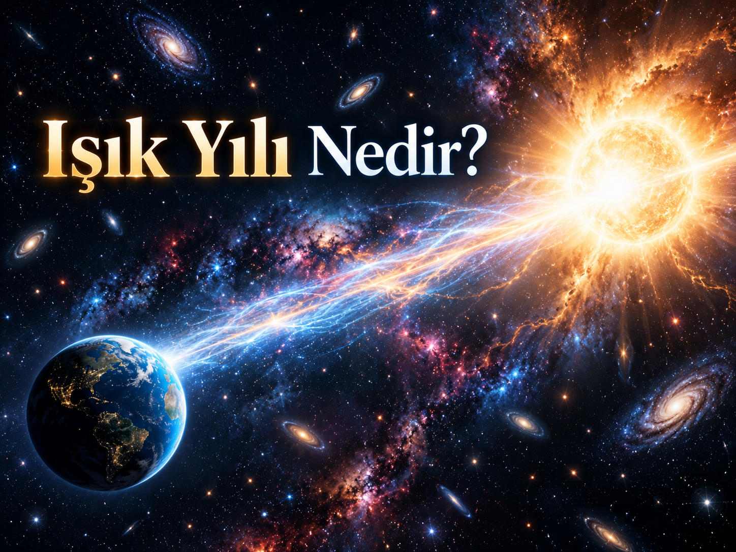 Işık yılı kavramını anlatan, Dünya ile uzak bir yıldız arasındaki kozmik mesafeyi gösteren uzay illüstrasyonu