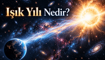 Işık yılı kavramını anlatan, Dünya ile uzak bir yıldız arasındaki kozmik mesafeyi gösteren uzay illüstrasyonu