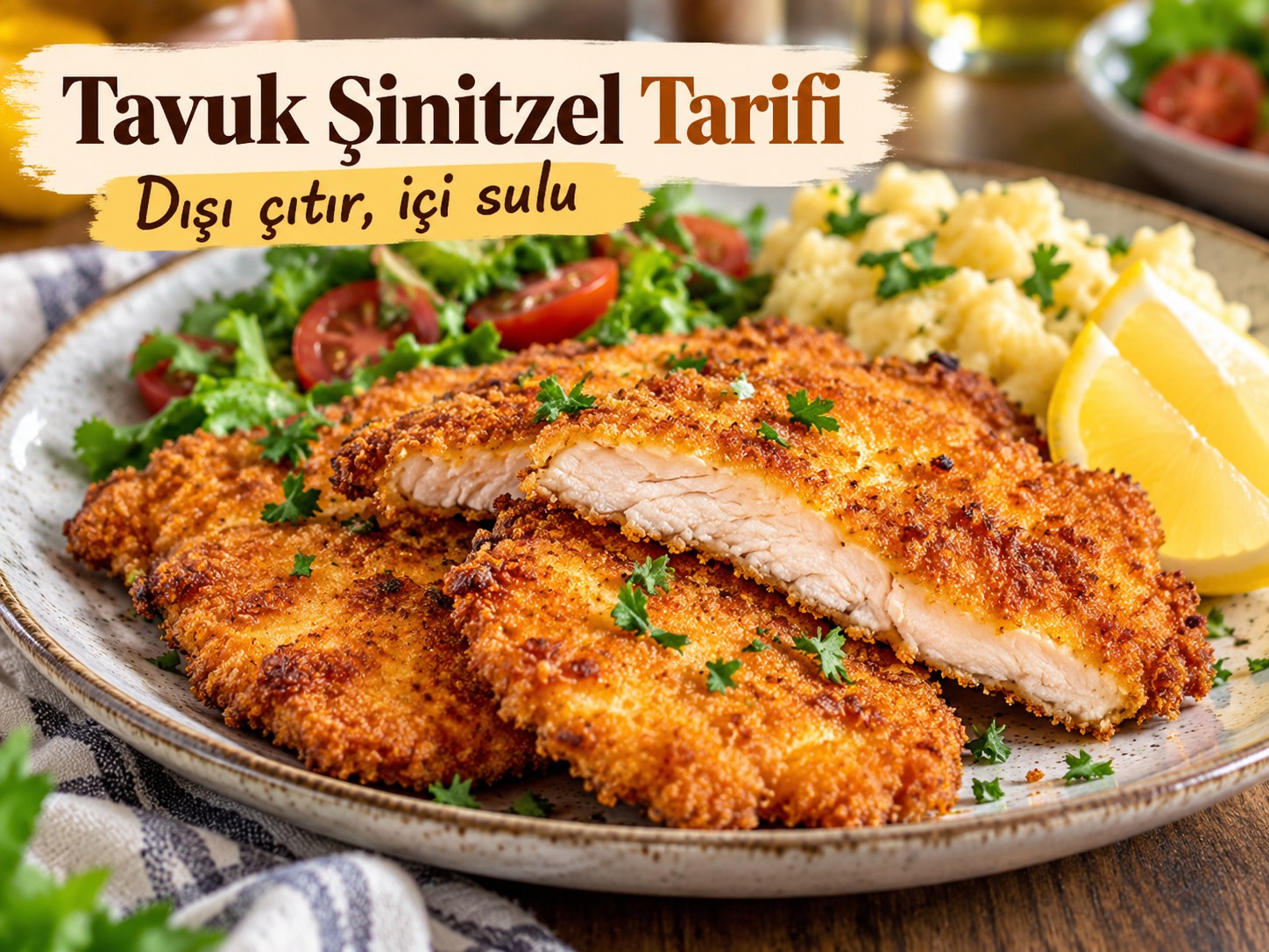 Dışı çıtır içi sulu tavuk şinitzel tarifi, limon dilimleri, salata ve patates püresi ile servis