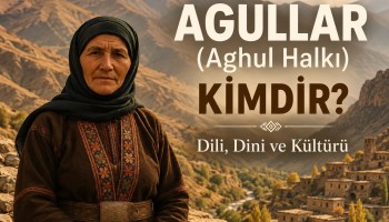 Dağıstan'ın dağlık coğrafyası ve taş köyleri önünde, Agul halkının geleneksel giyim kültüründen esinlenen yaşlı kadın portresi; Agullar (Aghul Halkı) kimdir başlıklı temsili kapak görseli.