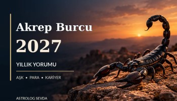 Akrep Burcu 2027 Yıllık Yorumu, akrep figürü ve gün batımında kayalıklar üzerinde sade yazılı WebP kapak
