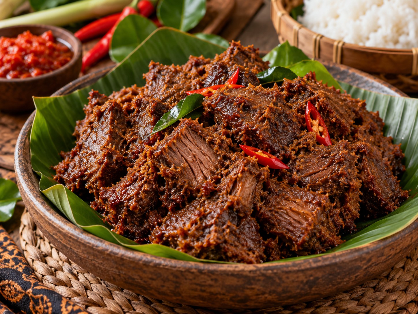 Authentic Indonesian beef rendang (rendang daging) served on banana leaves