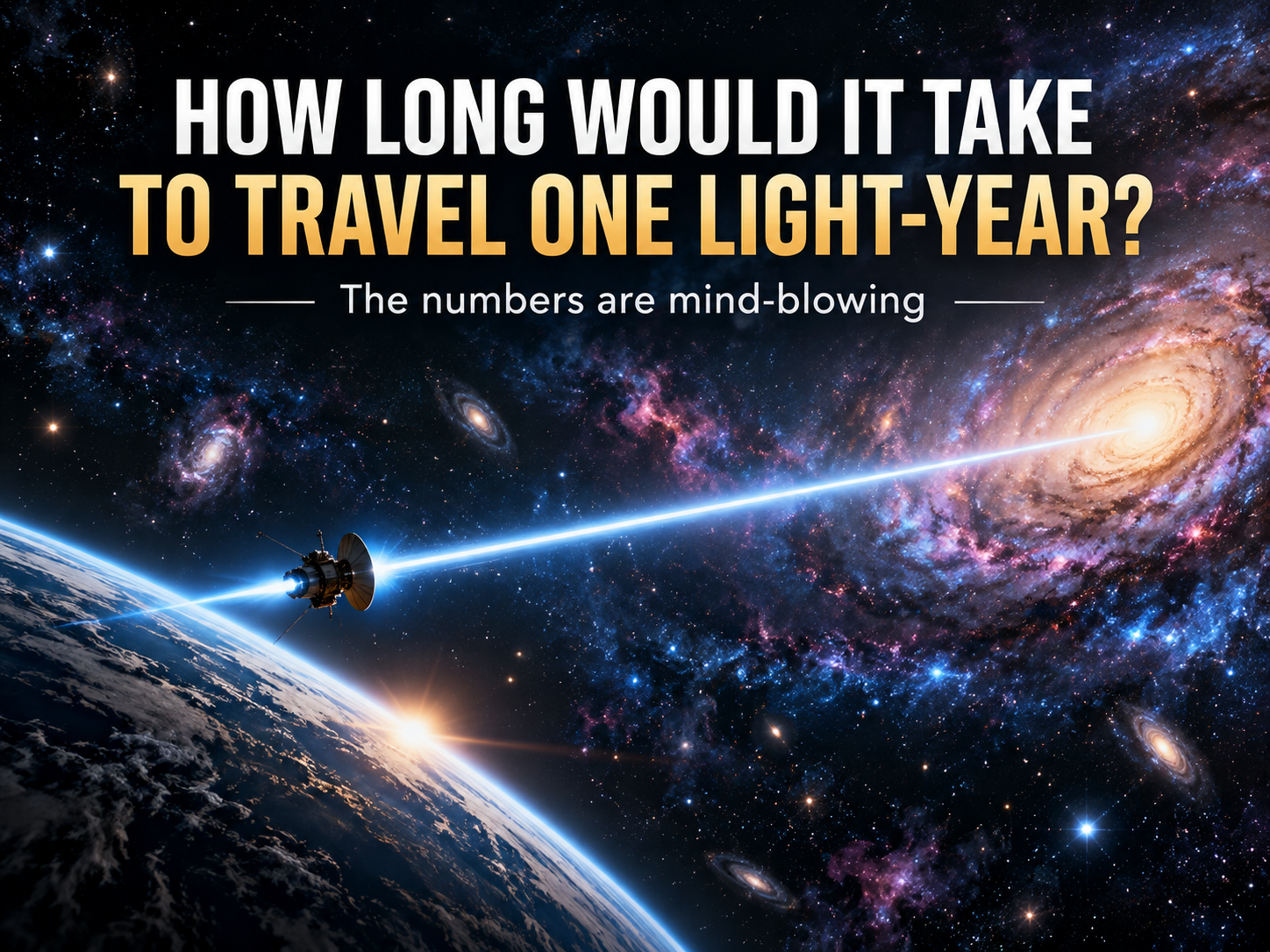 Illustrated space scene with a spacecraft traveling across deep space and the headline How Long Would It Take to Travel One Light-Year?