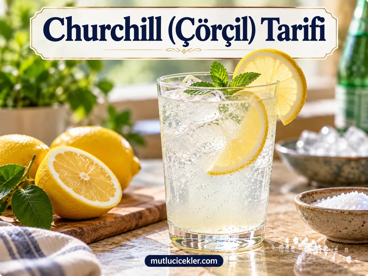 Limon dilimi ve nane ile servis edilen buzlu maden suyu; Churchill Çörçil tarifi kapağı