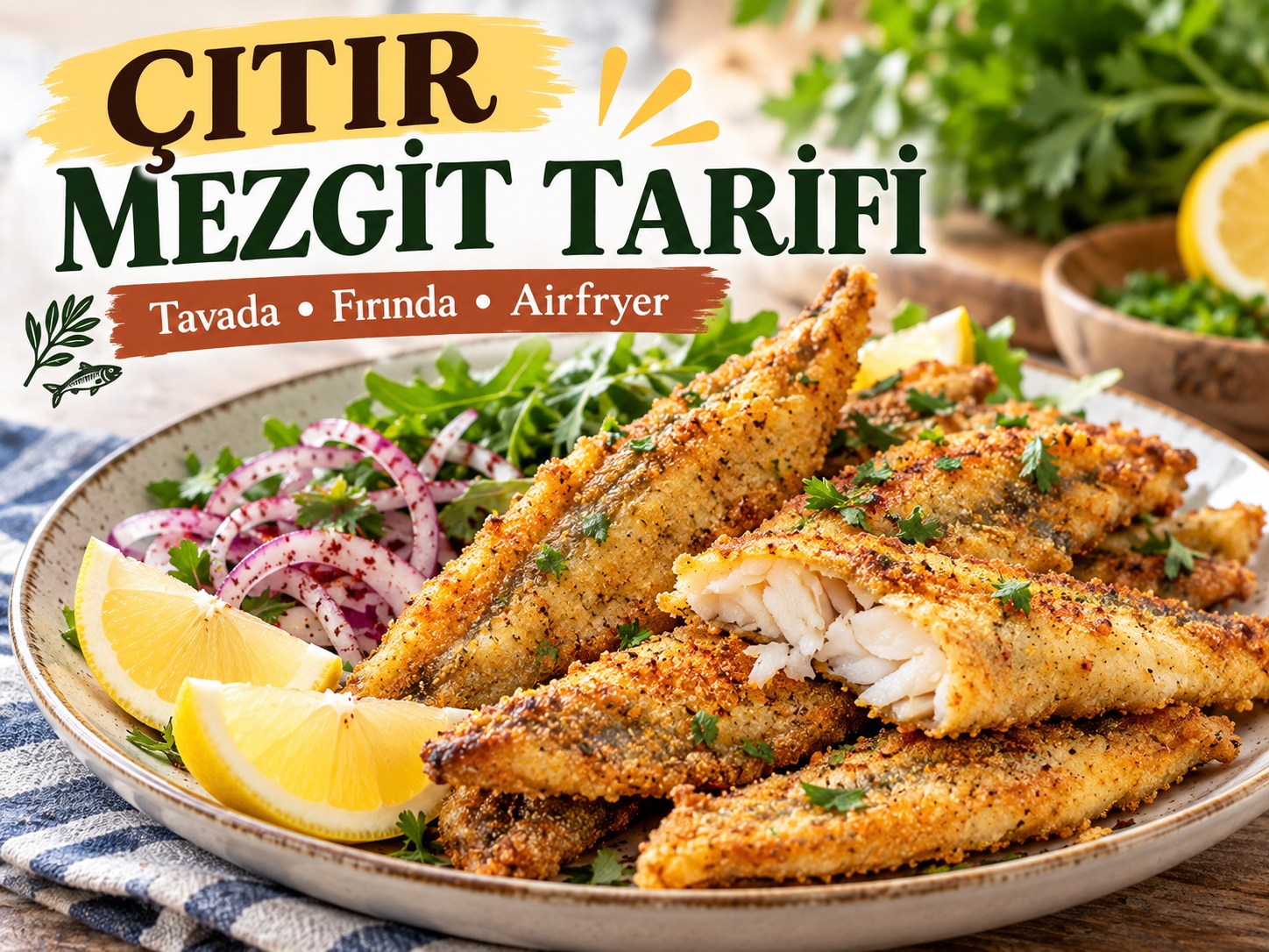 Çıtır mezgit tarifi kapağı; kızarmış mezgit filetoları, limon ve roka ile servis