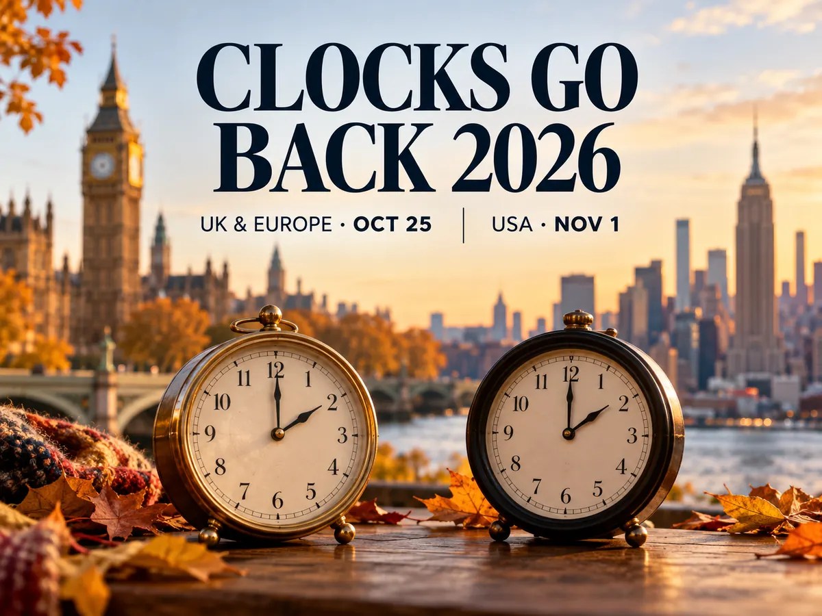 Clocks go back in 2026: UK and Europe on October 25, USA on November 1, with London and New York clocks