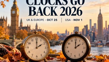 Clocks go back in 2026: UK and Europe on October 25, USA on November 1, with London and New York clocks