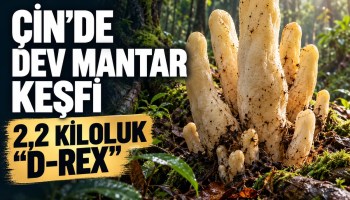 Çin'de 2,2 kiloluk Dianjunus rex mantarı keşfi için hazırlanmış temsili haber görseli; açık renkli dev mantar yapıları ve büyük başlık.