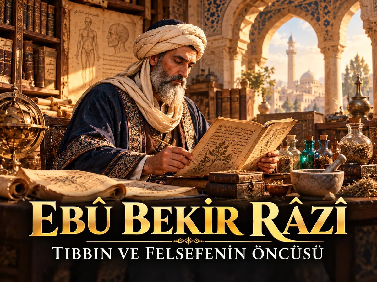 Ebû Bekir er-Râzî'nin tıp ve felsefe kitaplarını incelediği, İslam bilim tarihinden esinlenen temsili bir illüstrasyon
