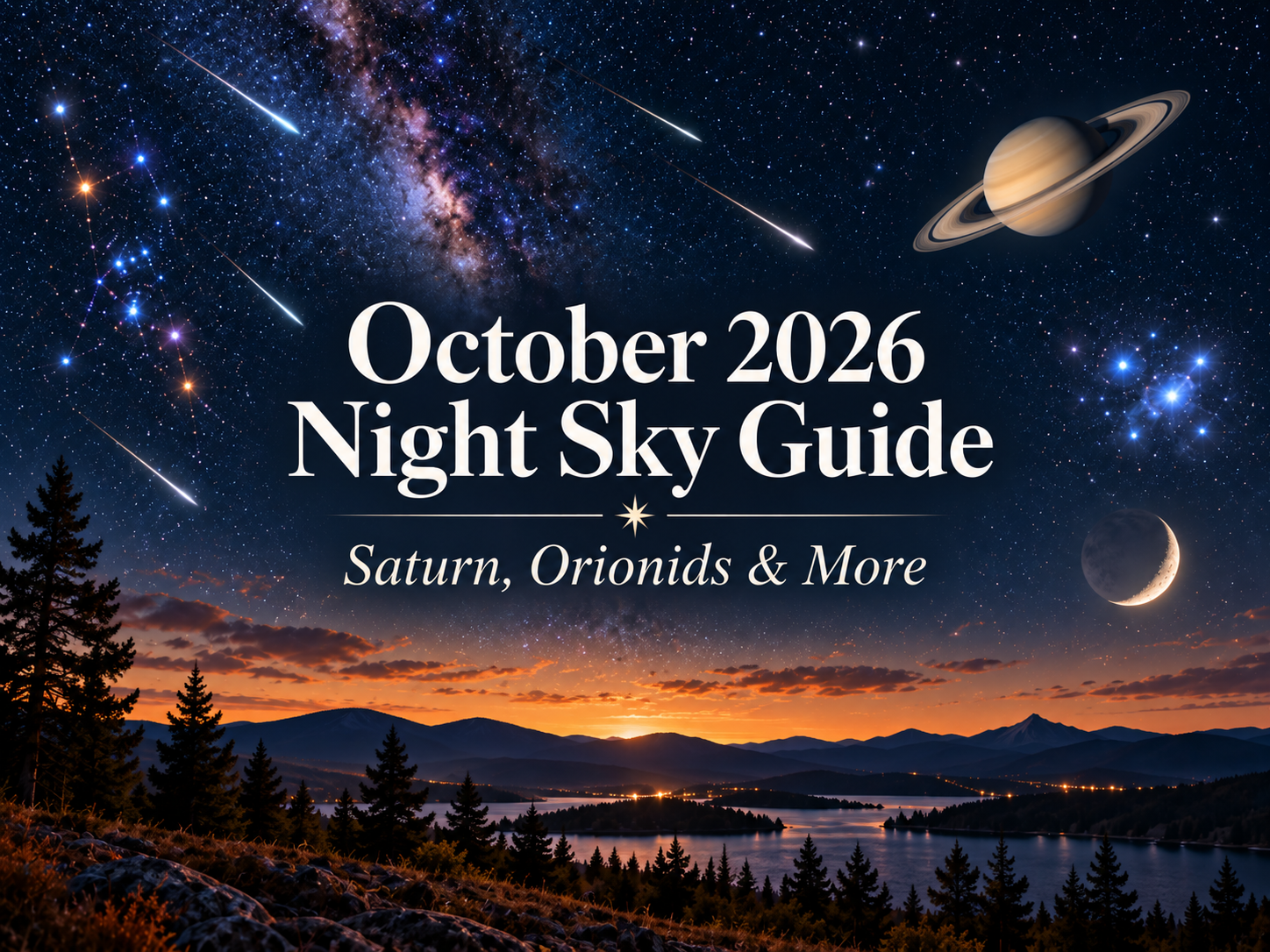 October 2026 Night Sky Guide featuring Saturn, Orionid meteors, the Pleiades and a crescent Moon