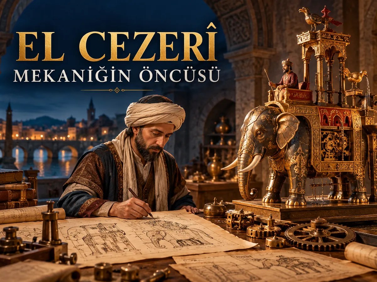 El Cezerî ve filli su saati tasarımından esinlenilmiş temsili tarihî atölye; El Cezerî Mekaniğin Öncüsü başlıklı görsel