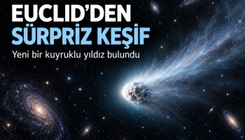 ESA'nın Euclid teleskobunun yeni kuyruklu yıldız keşfini anlatan, galaksiler ve kuyruklu yıldız içeren temsili haber kapağı
