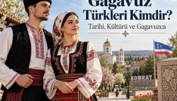 Gagavuz Türkleri geleneksel kıyafetlerle Komrat önünde, tarih ve kültür temalı başlıklı illüstrasyon