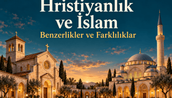 Hristiyanlık ve İslam karşılaştırması için gün batımında bir kilise ve camiyi gösteren başlıklı illüstrasyon.