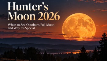 Illustrated Hunter's Moon 2026 full moon rising over autumn hills with an English article headline