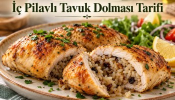 İç pilavla doldurulmuş, fırında pişmiş ve dilimlenmiş tavuk göğsü dolması