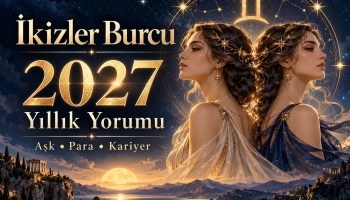 İkizler Burcu 2027 Yıllık Yorumu yazılı kapak: İkizler burcu simgesi, iki kadın figürü, yıldızlı gökyüzü; aşk, para ve kariyer