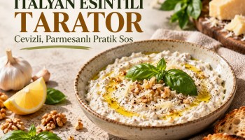 Seramik kâsede ceviz, parmesan, fesleğen ve zeytinyağı ile hazırlanmış İtalyan esintili tarator sosu