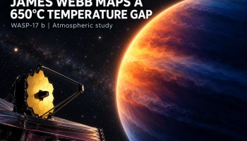 James Webb Space Telescope and WASP-17 b illustrated with a 650°C morning-to-evening atmospheric temperature difference