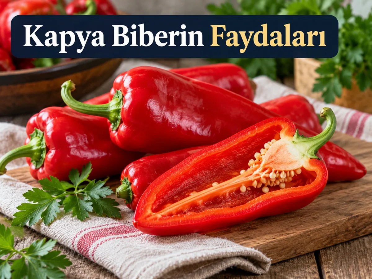 Ahşap mutfak tezgâhında bütün ve ikiye kesilmiş kırmızı kapya biberler; Kapya Biberin Faydaları başlıklı kapak