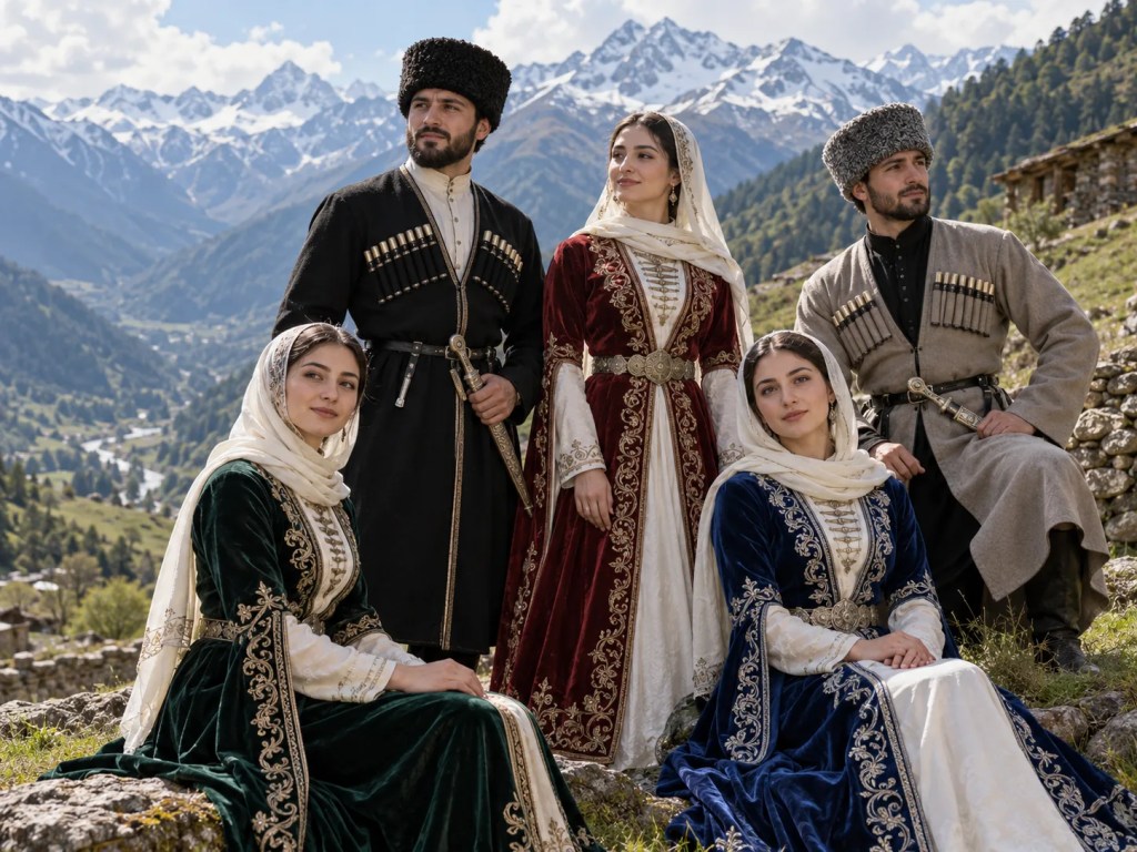 Karaçay kültürünü temsilen geleneksel giysilerle hazırlanmış Kafkasya grup portresi