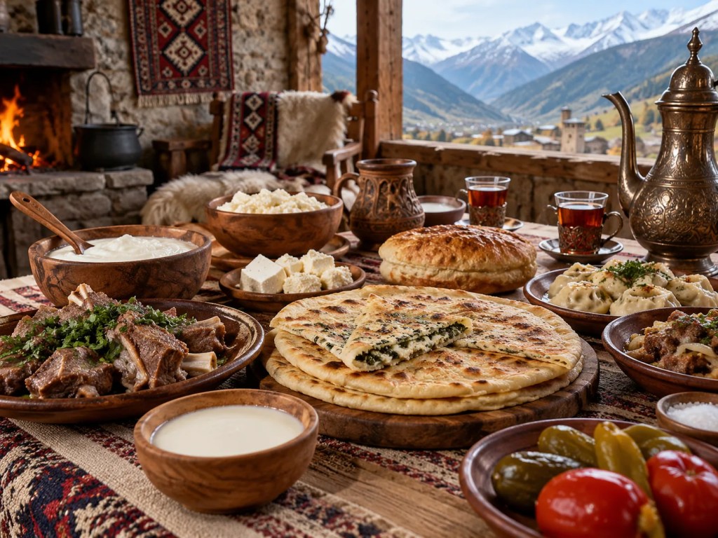 Karaçay mutfağını temsilen hıçın, et yemekleri, süt ürünleri ve çay bulunan geleneksel sofra